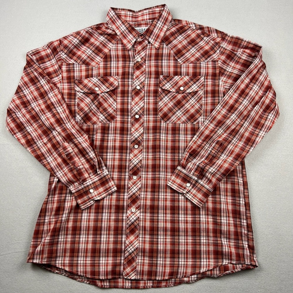 Haband Mens Large Red Plaid Western Pearl Snap Work Shirt Lightweight Breathable